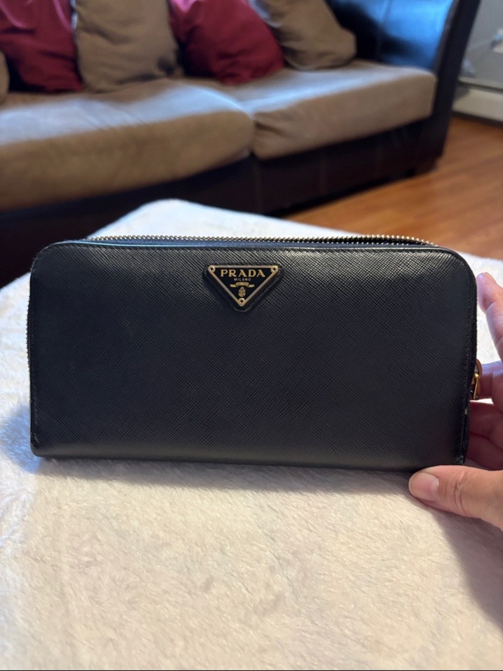 Prada Black Saffiano Zip-Around Wallet with Gold Hardware